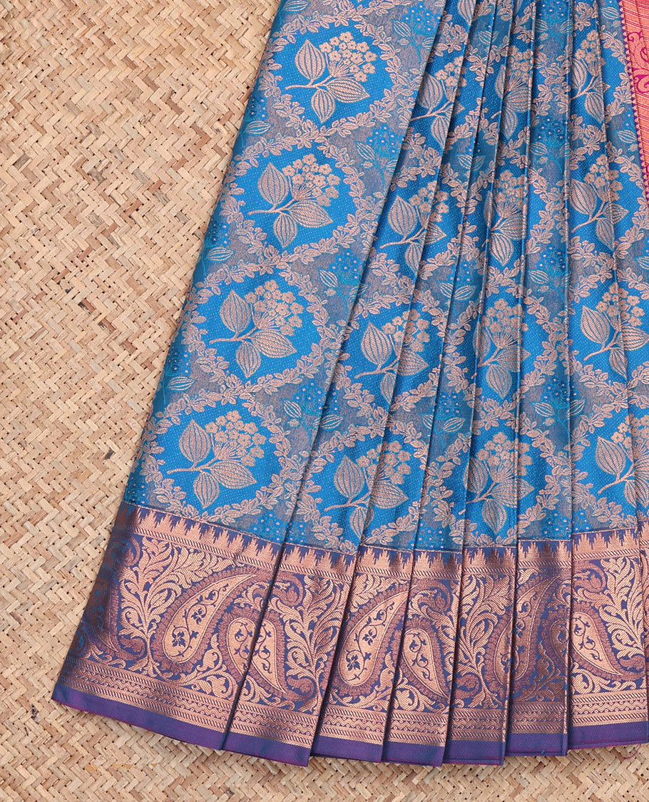 Blue Budget Silk Saree, Elevated with Floral Jacquard, Complemented by Contrast Paisley Zari Border, Intricate Pallu, and a Contrast Blouse