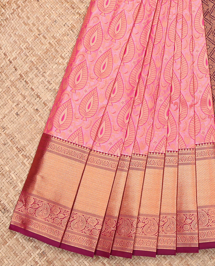 Pink Budget Silk Saree, Woven with Jacquard, Complemented by Contrast Traditional Zari Border, Grand Pallu, and a Contrast Blouse