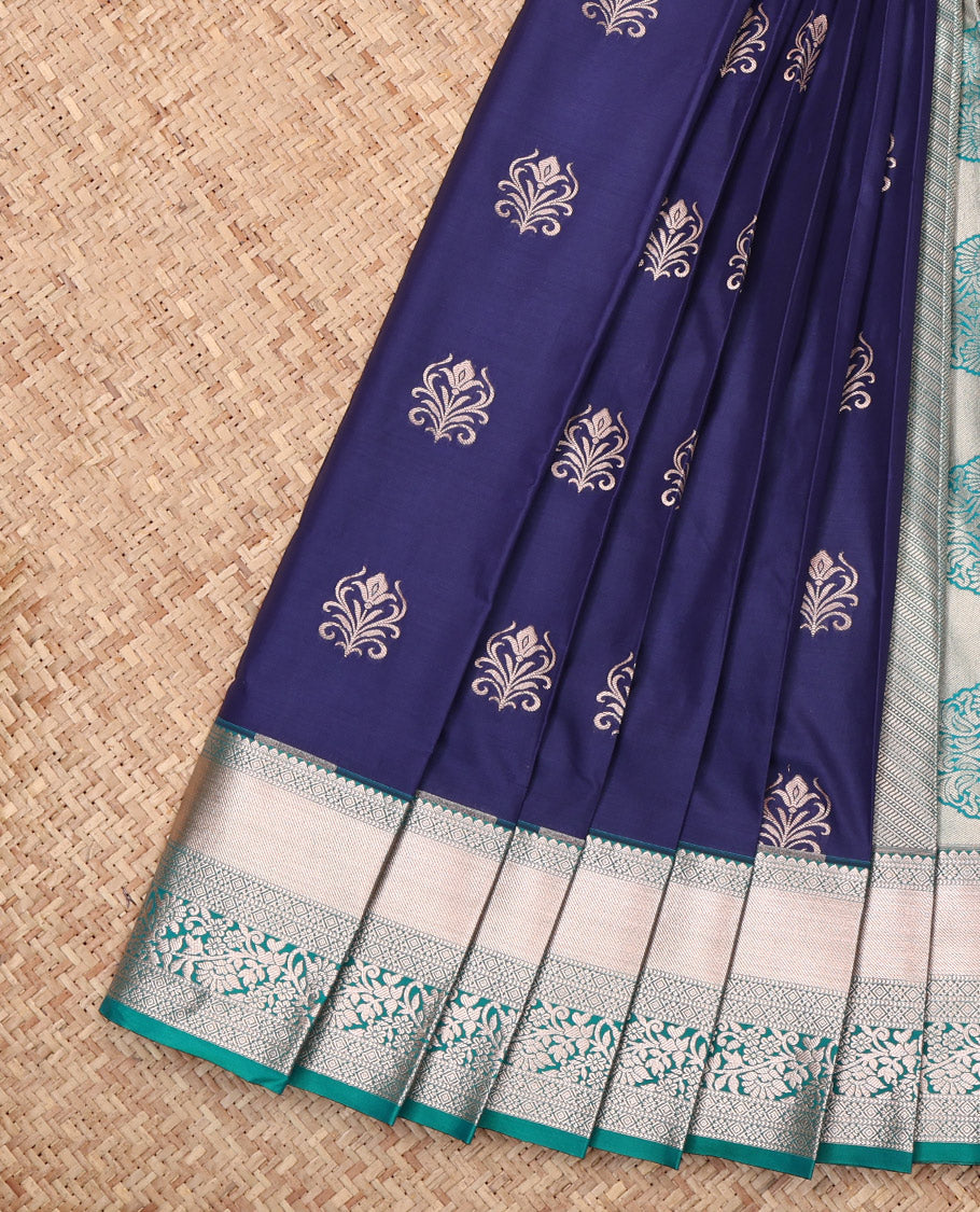 Blue Budget Silk Saree, Delicately Woven with Zari Buttas, Complemented by a Contrast Traditional Zari Border, Grand Pallu, and Contrast Blouse