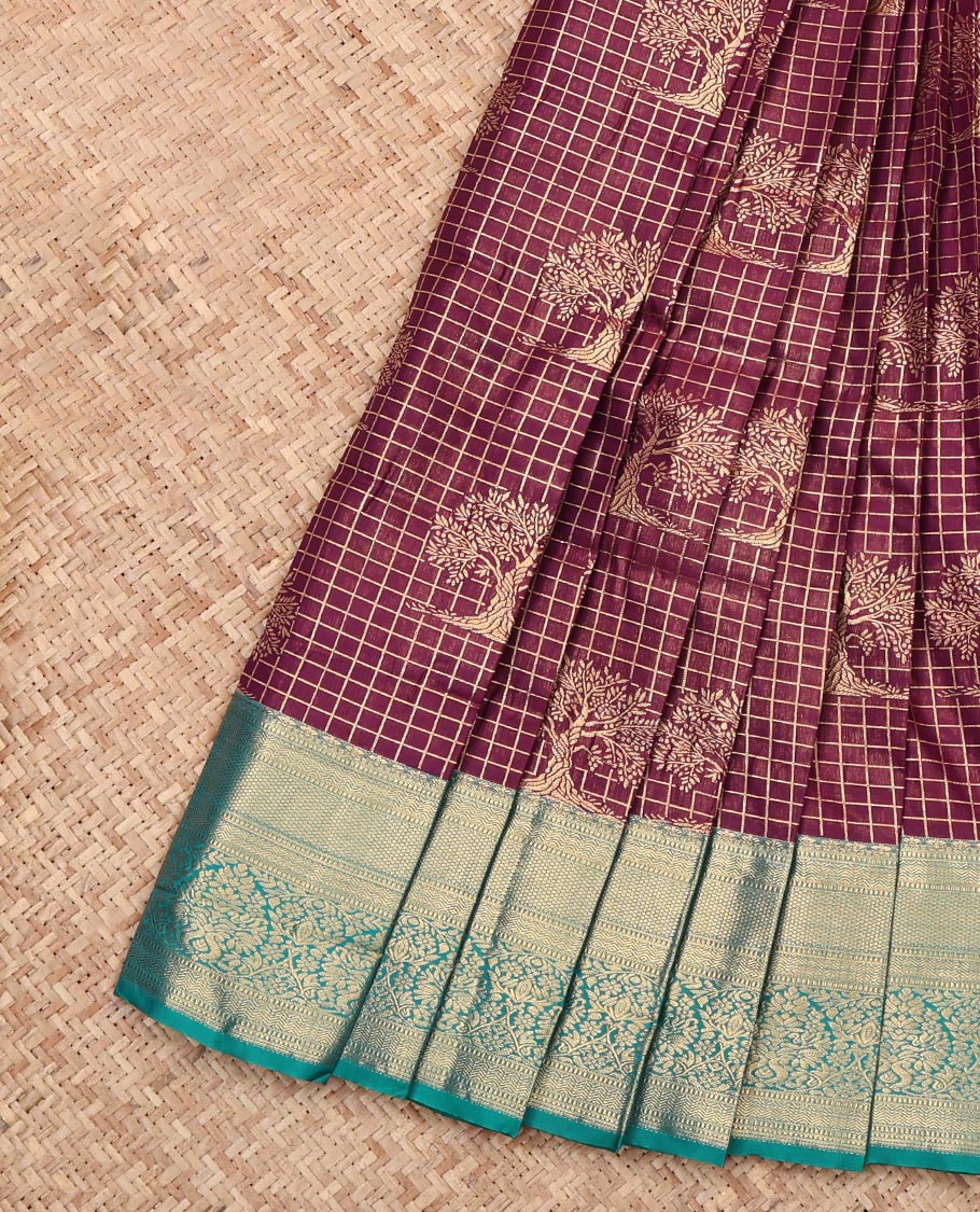 Brown Budget Silk Saree, Finely Crafted with Buttas and Checks, Complemented by a Contrast Traditional Zari Border, Grand Pallu, and a Contrast Blouse