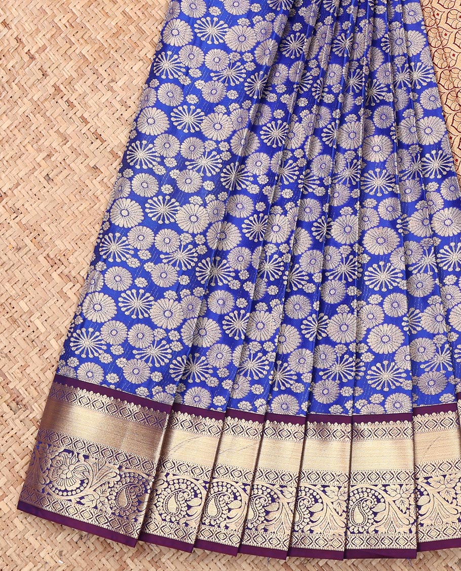 Blue Budget Silk Saree, Decked Up with Jacquard Design, Complemented by a Contrast Traditional Zari Border, Grand Pallu, and a Contrast Blouse