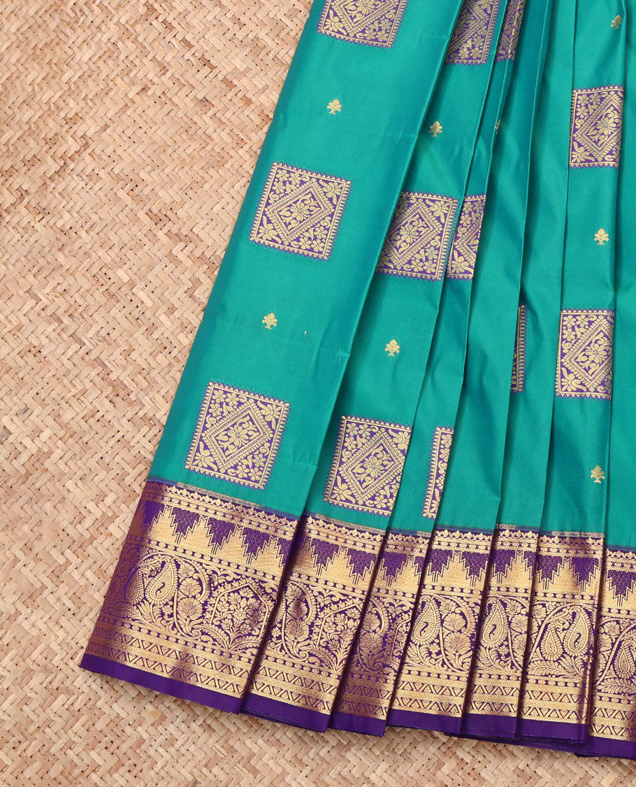 Blue Budget Silk Saree, Bedecked with Zari Buttas, Complemented by a Contrast Traditional Zari Border, Grand Pallu, and Contrast Blouse