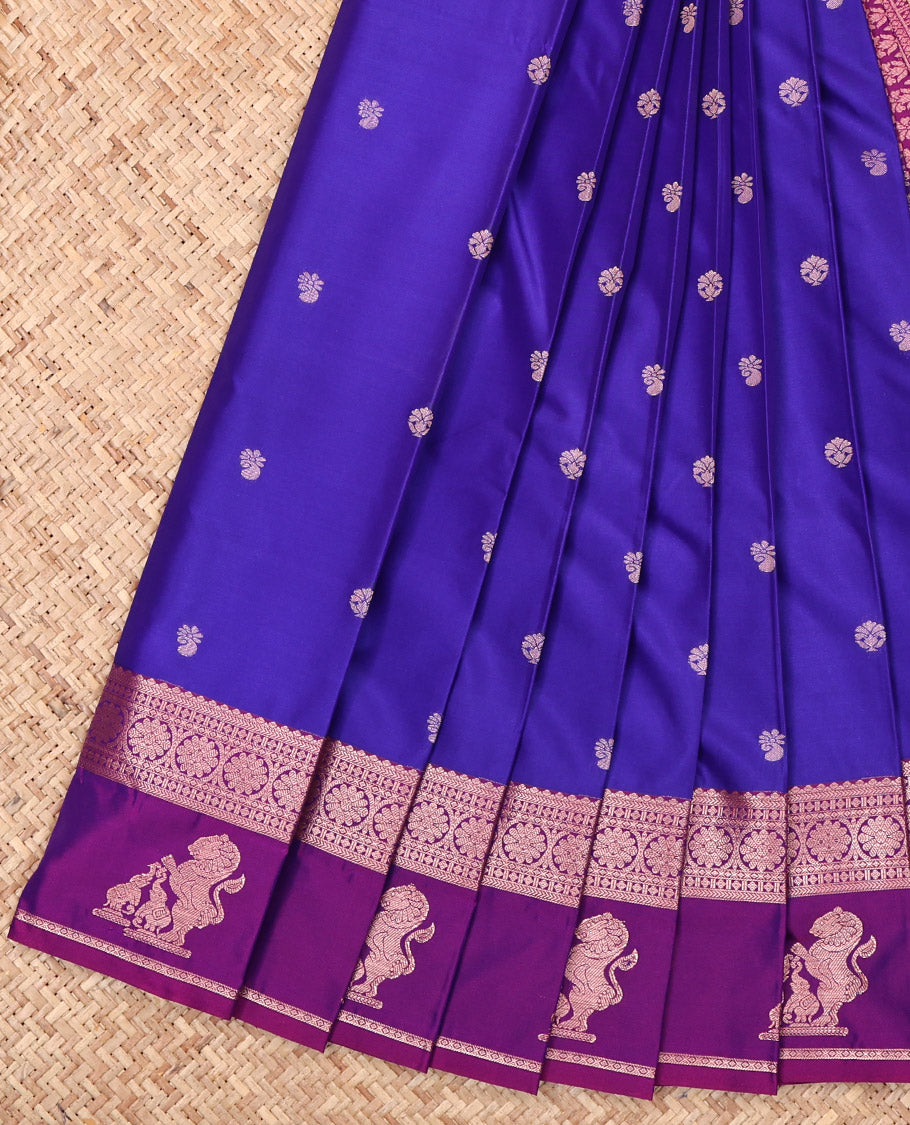 Royal Blue Budget Silk Saree, Decked Up with Zari Buttas, Complemented by a Contrast Traditional Zari Border of Singam Designs, Grand Pallu, and a Contrast Blouse