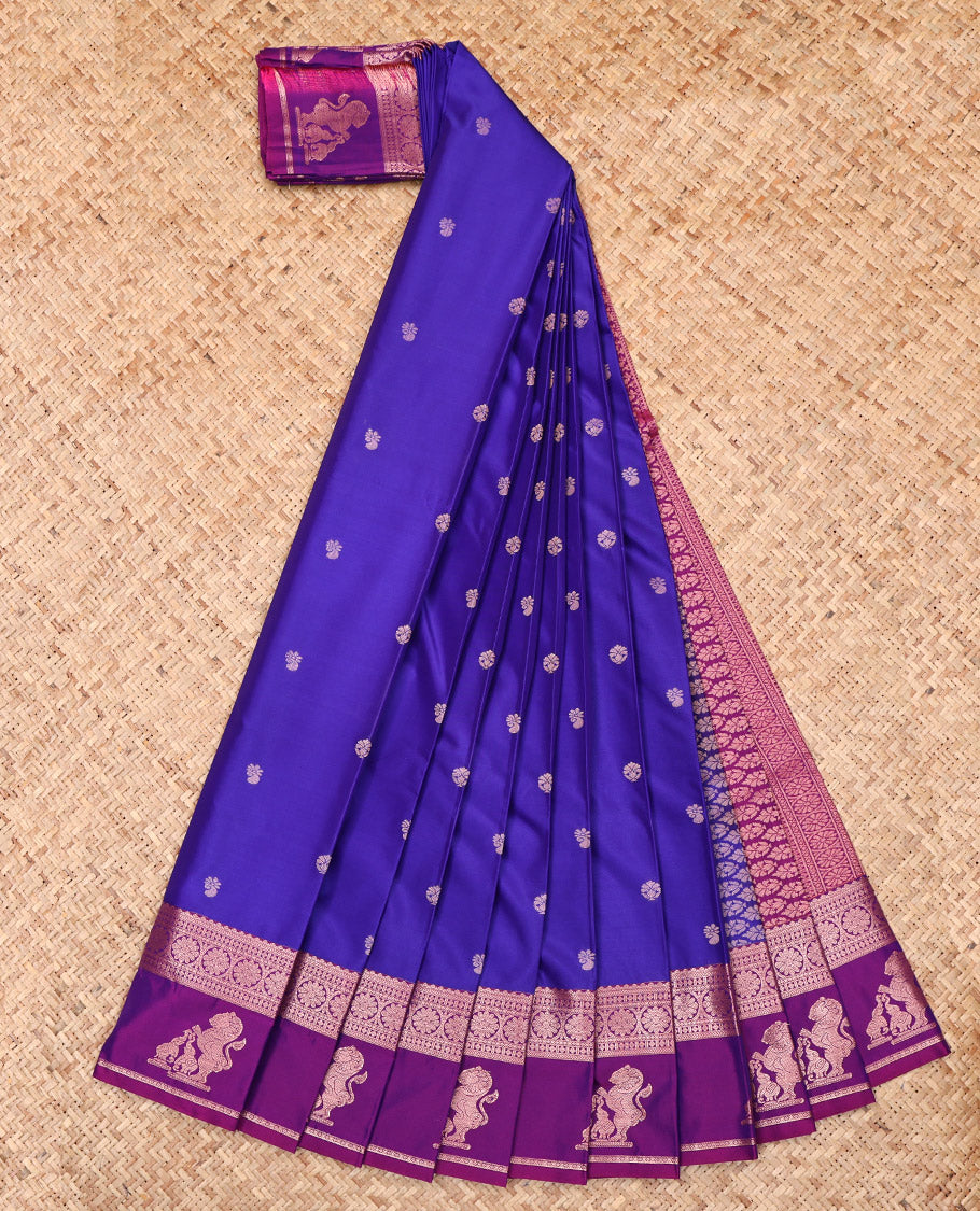Royal Blue Budget Silk Saree, Decked Up with Zari Buttas, Complemented by a Contrast Traditional Zari Border of Singam Designs, Grand Pallu, and a Contrast Blouse