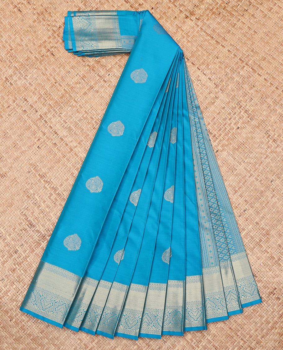 Light Blue Budget Silk Saree, Graced with Zari Buttas, Highlighted by a Traditional Zari Border, Intricate Pallu, and Matching Blouse