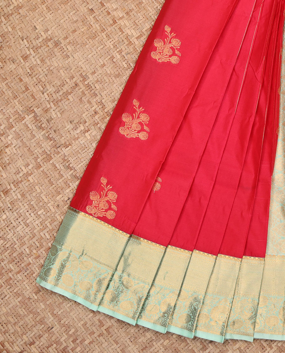 Red Budget Silk Saree Showcasing Zari Buttas, Complemented by a Contrast Traditional Zari Border, Grand Pallu, and a Contrast Blouse