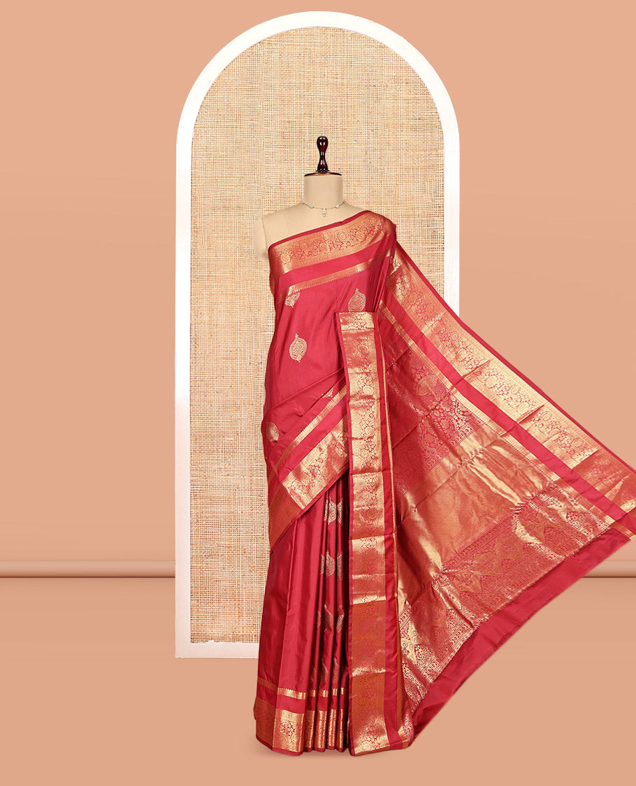 Red Budget Silk Saree, Featuring Zari Buttas, Highlighted by a Traditional Zari Rettai Pettu Border, Grand Pallu, and a Matching Blouse