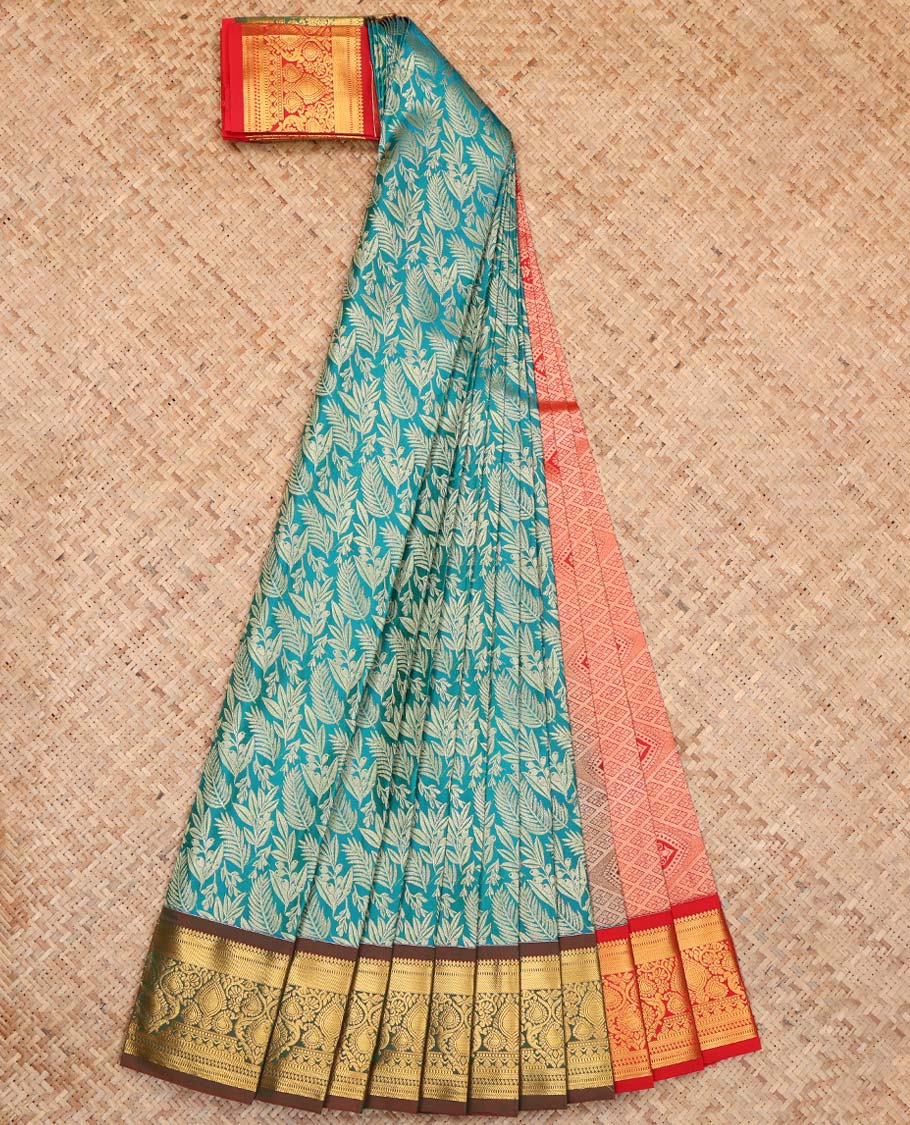 Blue Budget Silk Saree, Decorated with Floral Vine Design, Complemented by Contrast Paisley Zari Border, a Jaal Pallu and a Contrast Blouse