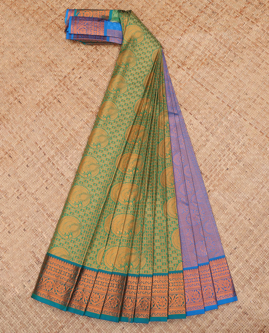 Green Budget Silk Saree, Decked Up with Jacquard Design, a Contrast Traditional Zari Border, Grand Pallu, and a Contrast Blouse