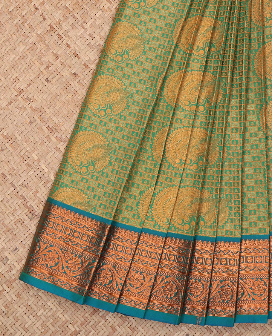 Green Budget Silk Saree, Decked Up with Jacquard Design, a Contrast Traditional Zari Border, Grand Pallu, and a Contrast Blouse