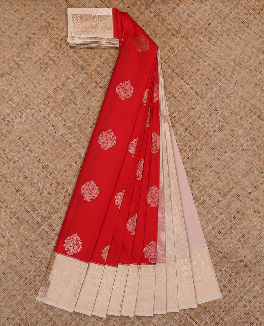 Red Budget Silk Saree, Accentuated with Zari Buttas, Complemented by a Contrast Traditional Zari Border, Subtly Woven Pallu, and a Contrast Blouse