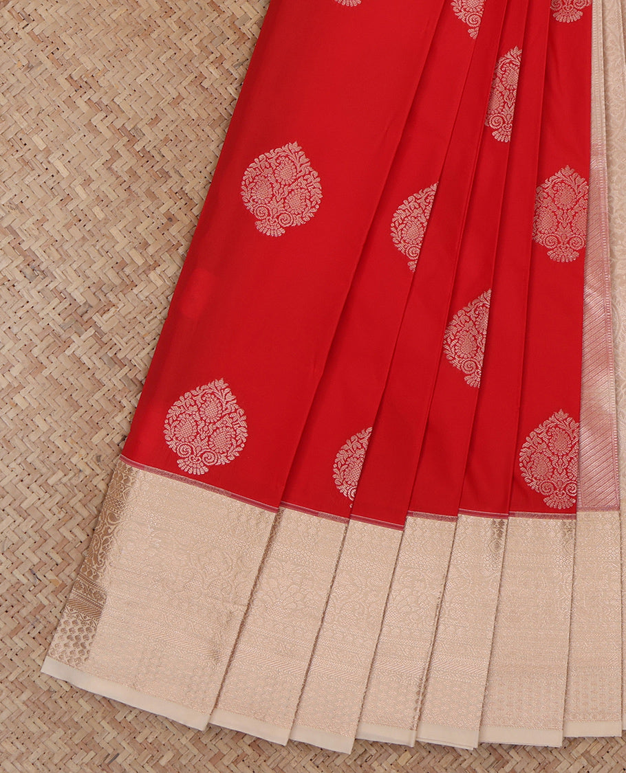 Red Budget Silk Saree, Accentuated with Zari Buttas, Complemented by a Contrast Traditional Zari Border, Subtly Woven Pallu, and a Contrast Blouse