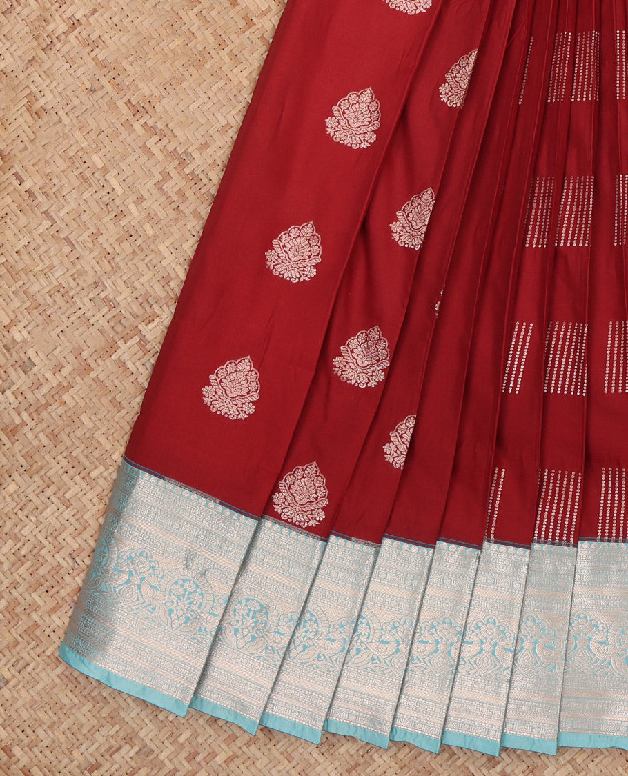 Maroon Budget Silk Saree, Elevated with Zari Buttas, a Contrast Traditional Border, Grand Pallu, and a Contrast Blouse