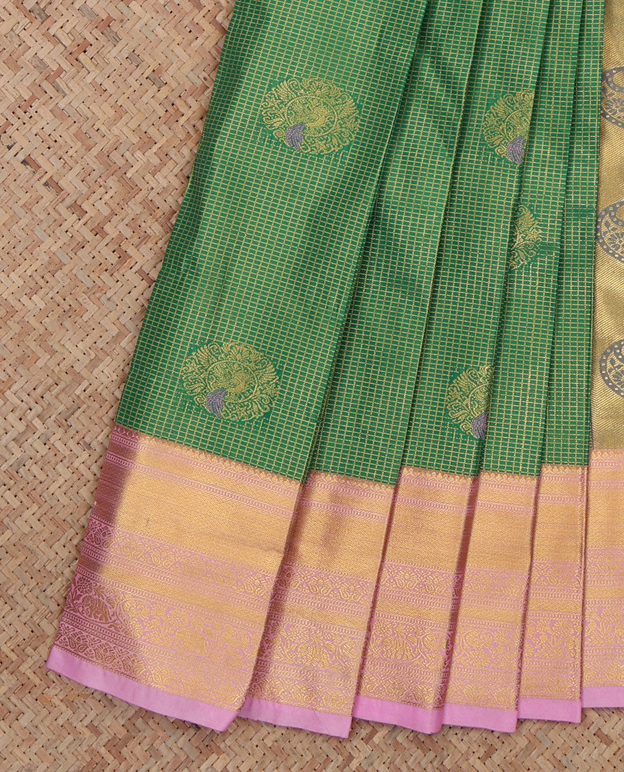 Green Budget Silk Saree, Spotlighted with Peacock Buttas and Checks, a Contrast Traditional Zari Border, an Intricate Pallu and a Contrast Blouse