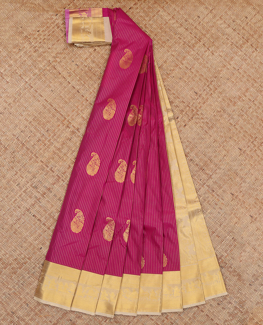 Pink Budget Silk Saree, Bedecked with Zari Buttas and Stripes, Complemented by Contrast Traditional Weddding Themed Border, a Grand Pallu and a Contrast Blouse