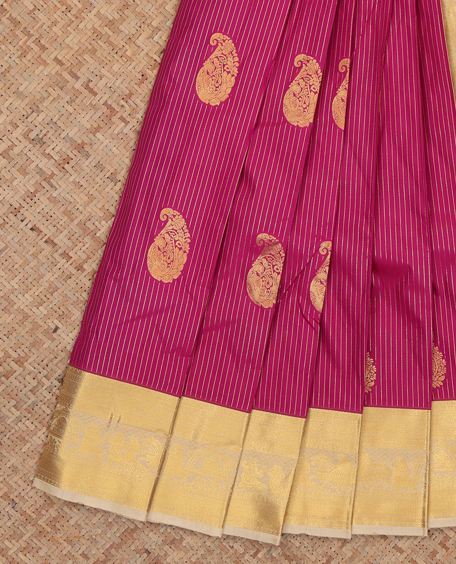 Pink Budget Silk Saree, Bedecked with Zari Buttas and Stripes, Complemented by Contrast Traditional Weddding Themed Border, a Grand Pallu and a Contrast Blouse