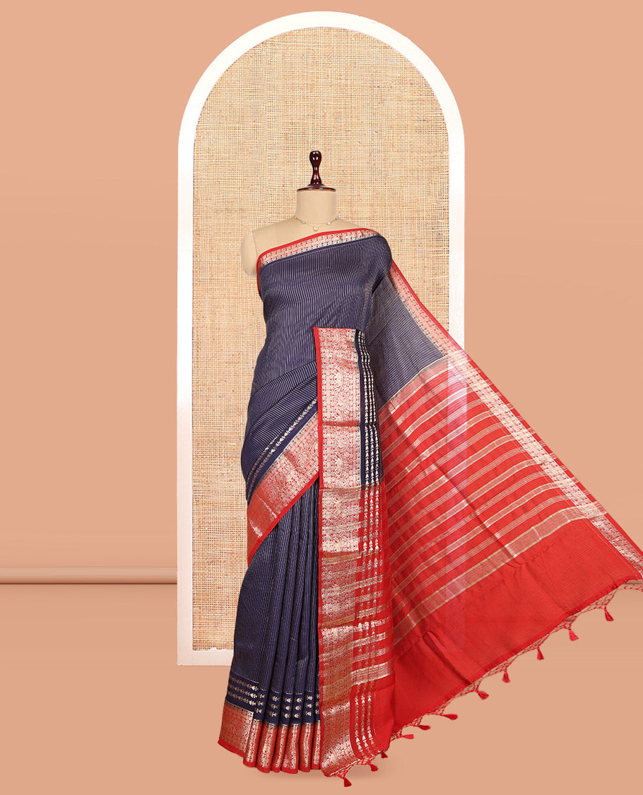Blue Assam Silk Saree, Bedecked with Zari Stripes, Complemented by Contrast Traditional Zari Border, Zari Woven Pallu, and Contrast Blouse