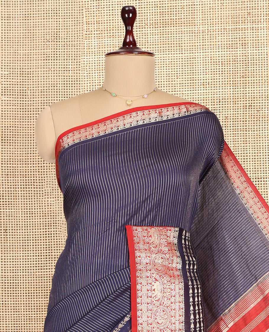 Blue Assam Silk Saree, Bedecked with Zari Stripes, Complemented by Contrast Traditional Zari Border, Zari Woven Pallu, and Contrast Blouse
