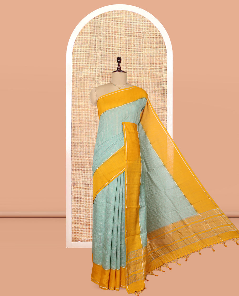 Blue Assam Silk Saree, Ornamented with Zari Checks, Complemented by Contrast Zari Border, Zari Woven Pallu, and Contrast Blouse