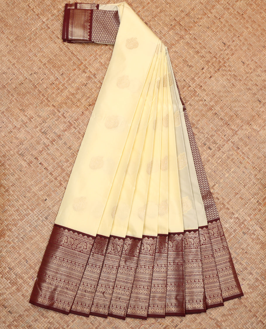 Cream Budget Silk Saree, Sparsely Woven with Zari Buttas, Complemented by a Contrast Traditional Zari Border, Grand Pallu, and Contrast Blouse
