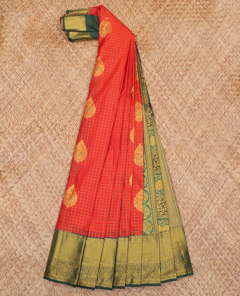 Red Budget Silk Saree, Bedecked with Zari Buttas and Checks, Complemented by a Contrast Traditional Zari Border, Grand Pallu, and Contrast Blouse