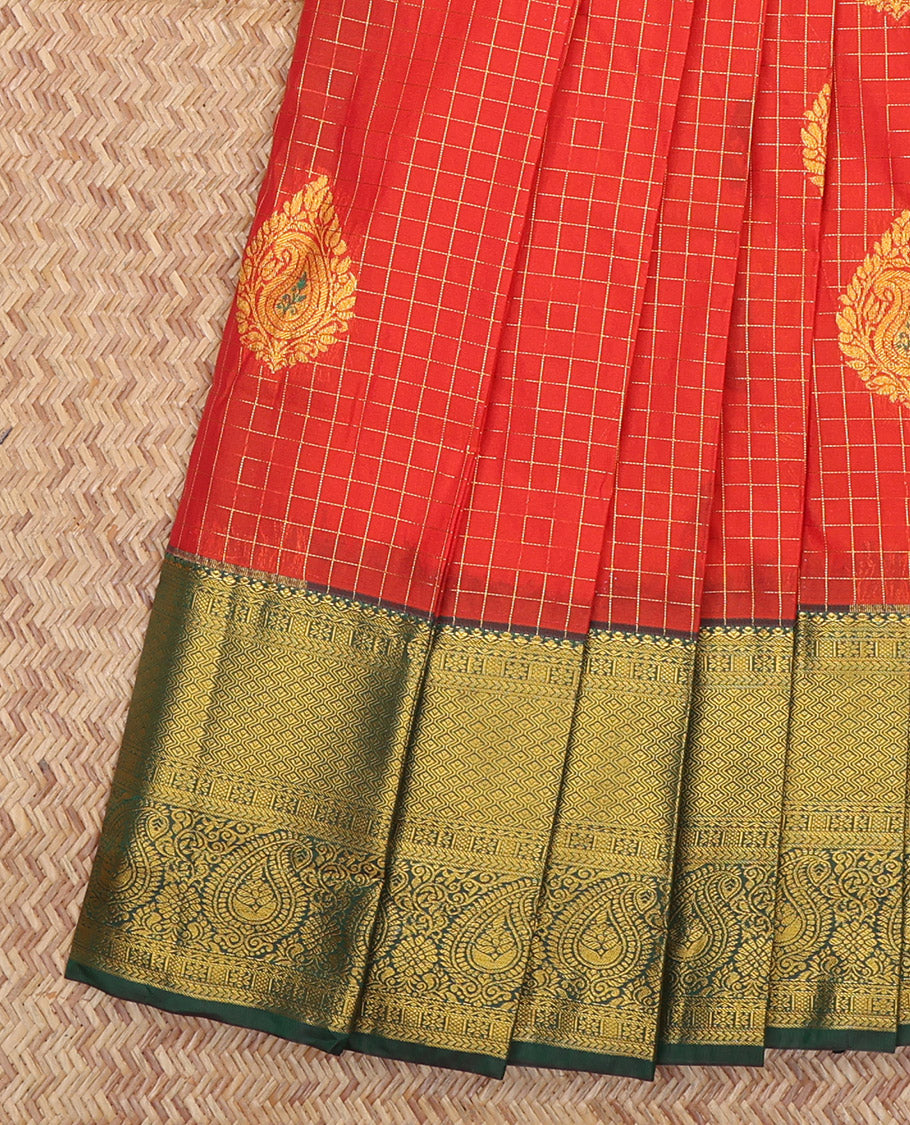 Red Budget Silk Saree, Bedecked with Zari Buttas and Checks, Complemented by a Contrast Traditional Zari Border, Grand Pallu, and Contrast Blouse
