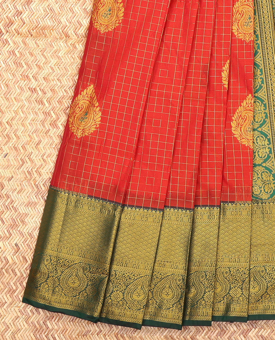 Red Budget Silk Saree, Bedecked with Zari Buttas and Checks, Complemented by a Contrast Traditional Zari Border, Grand Pallu, and Contrast Blouse