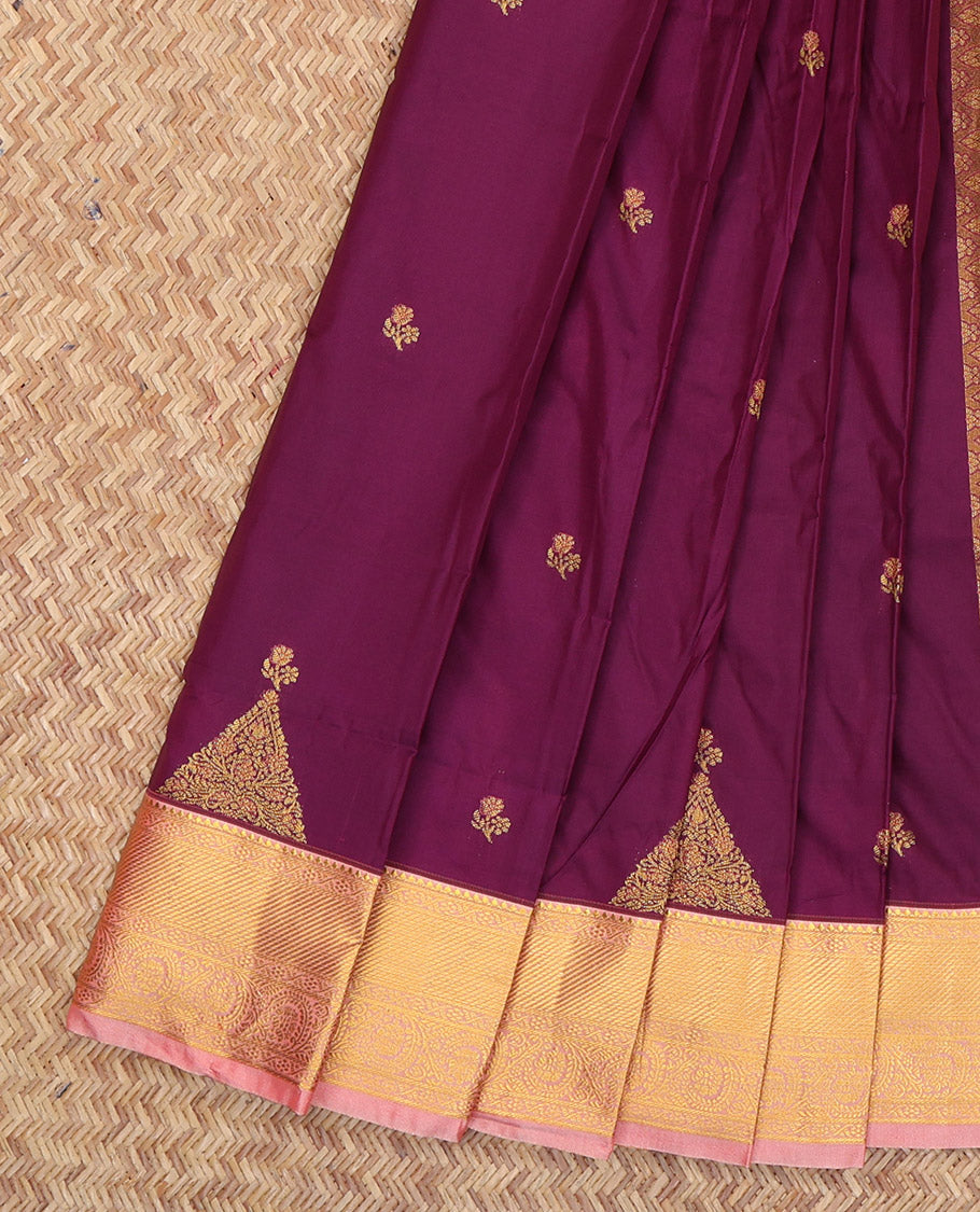 Wine Budget Silk Saree Featuring Zari Buttas, a Contrast Traditional Zari Border, Grand Pallu, and a Contrast Blouse