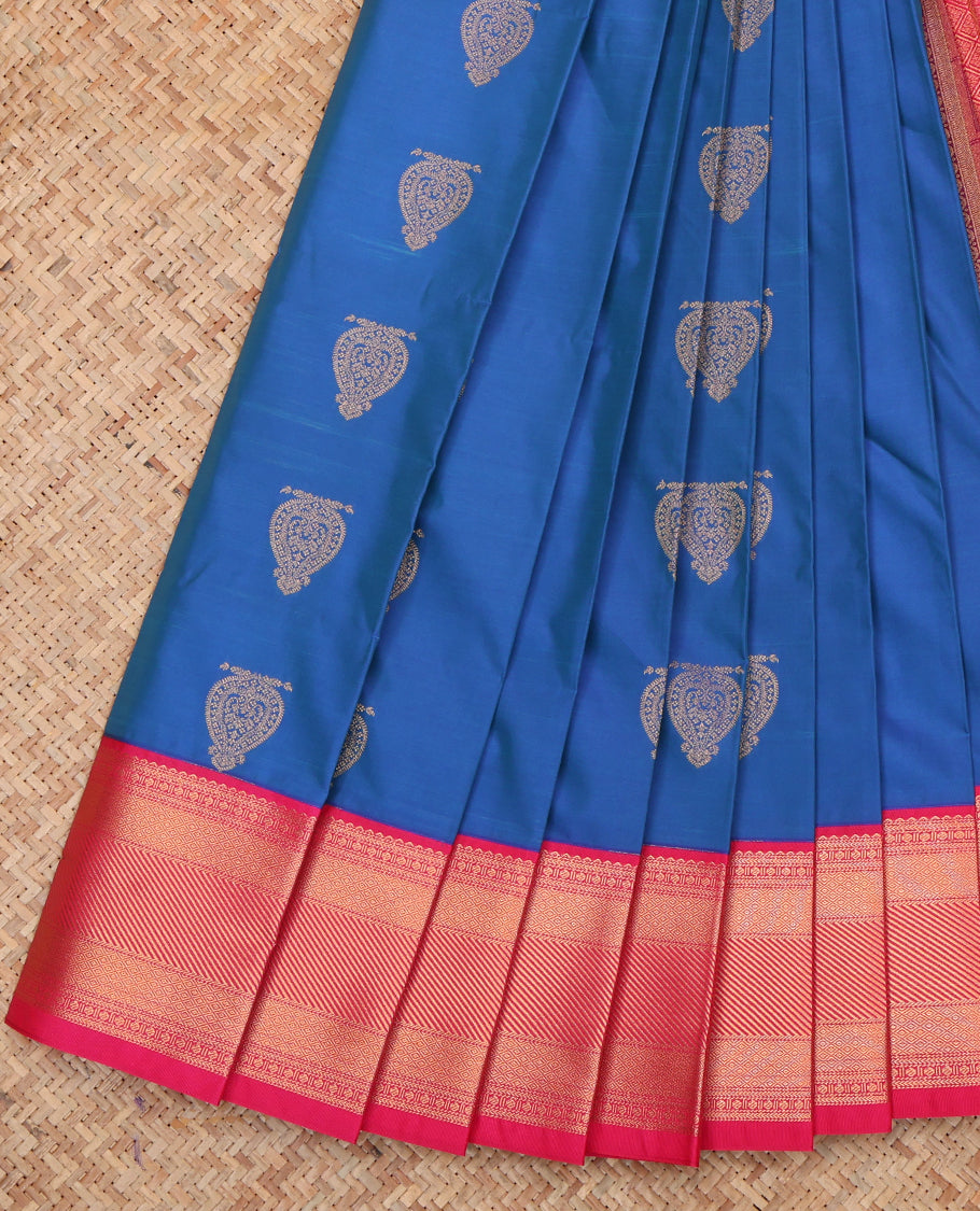Blue Budget Silk Saree, Elevated with Zari Buttas, a Contrast Traditional Zari Border, Grand Pallu, and a Contrast Blouse