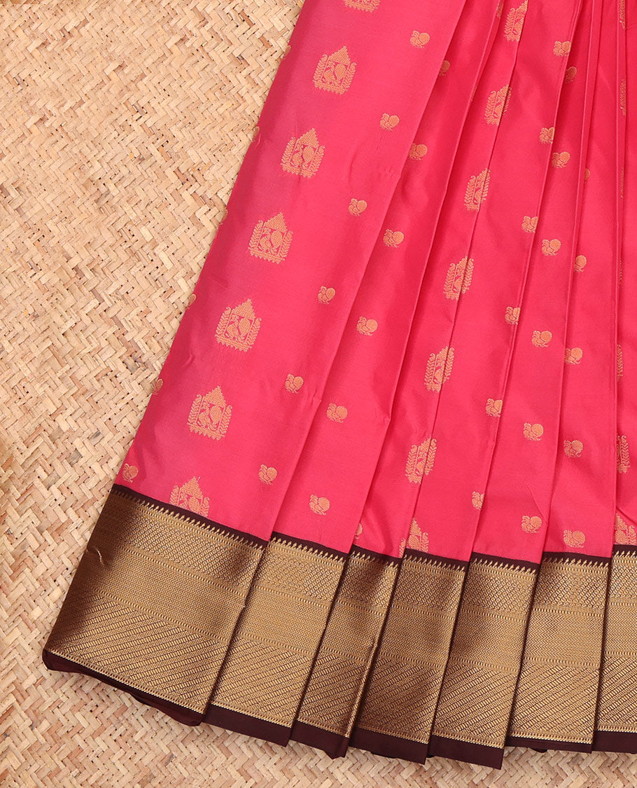 Pink Budget Silk Saree, Decorated with Zari Buttas, a Contrast Traditional Zari Ganga-Jamuna Border, Intricate Pallu, and a Contrast Blouse