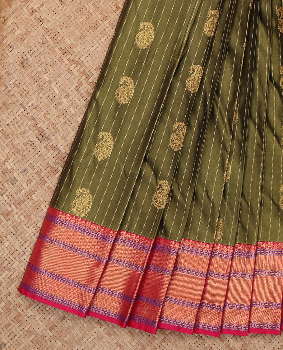 Green Budget Silk Saree, Embellished with Paisley Buttas and Stripes, a Contrast Traditional Zari Border, Grand Pallu, and a Contrast Blouse