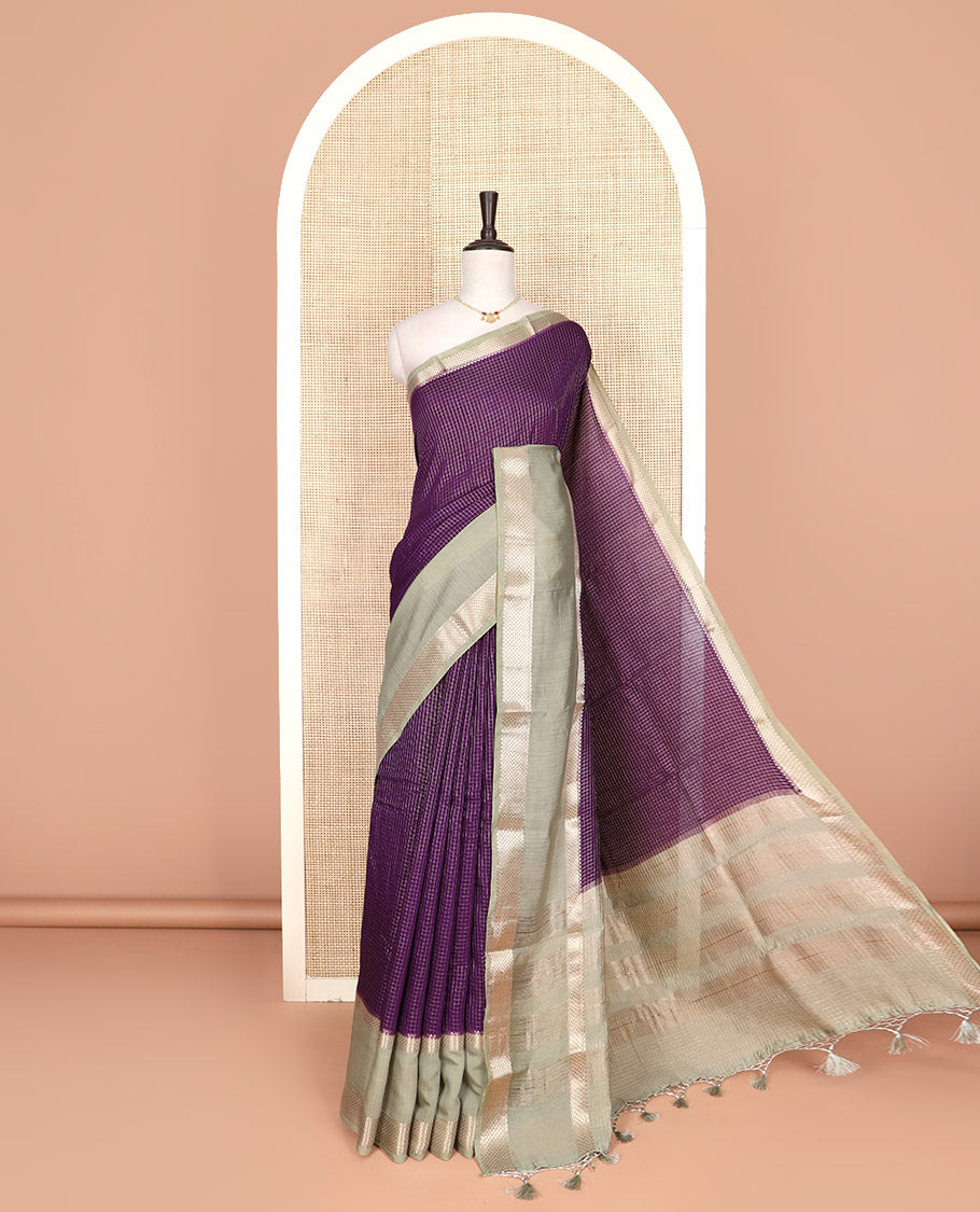 Purple zari checked Assam silk saree, contrast traditional zari border, and pallu of zari stripes