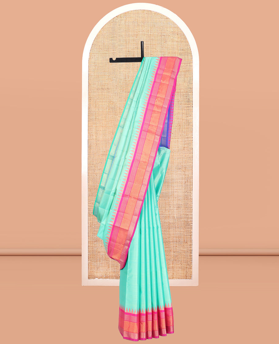 Turquoise Striped Bangalore Silk Saree, Complemented by a Contrast Temple Ganga-Jamuna Border, Zari-Striped Pallu, and Contrast Blouse