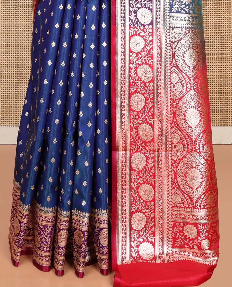 Blue Semi-Banaras Saree, Beautified with Buttas on Its Body, Complemented by a Contrast Floral Creeper Design Border, Intricately Designed Pallu, and Paired with a Contrast Blouse