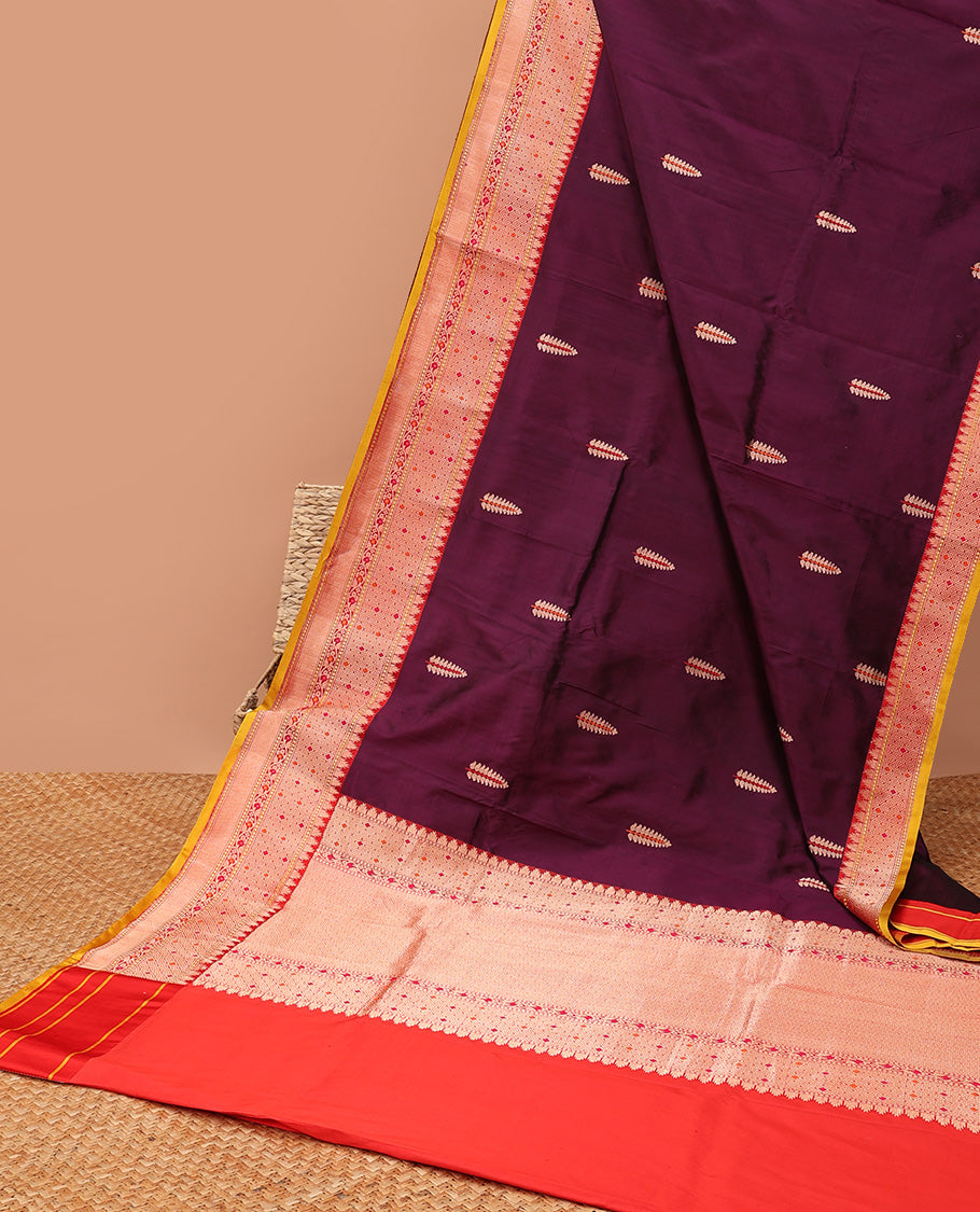 Violet leaf buttas banaras silk saree with contrast zari design border & intricate zari design pallu