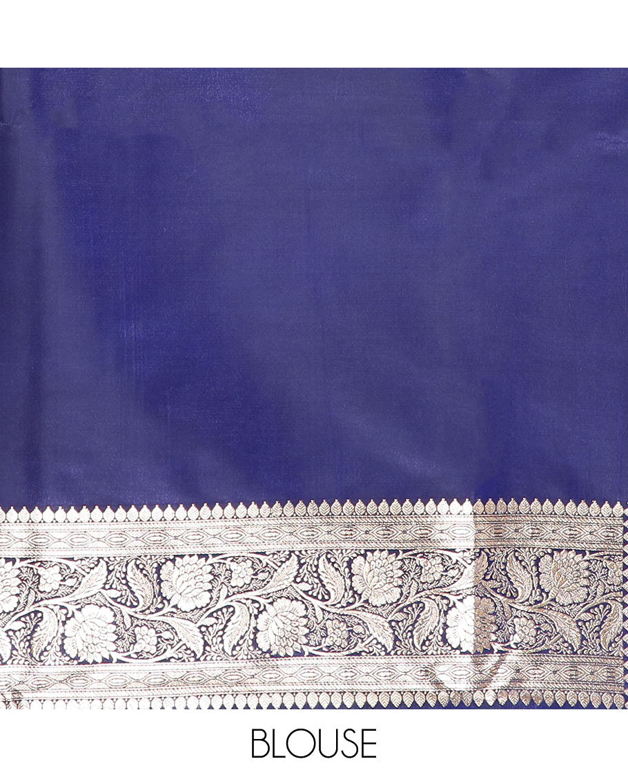 Navy blue floral jaal jacquard banarasi silk saree, contrast floral creeper design border, and intricate ogee patterned pallu