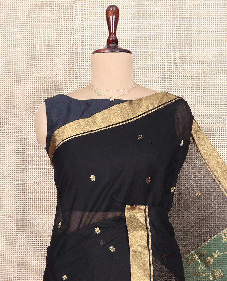 Black Chanderi Cotton Saree, Ornamented with Floral Buttas All Over Its Body, Highlighted by Zari Border, Complemented by Contrast Pallu of Floral Jaal Designs, and Paired with a Contrast Blouse