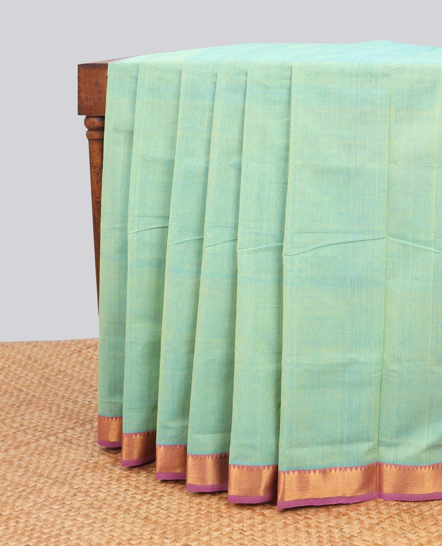Light green mangalagiri cotton saree with contrast striped, temple border & striped pallu