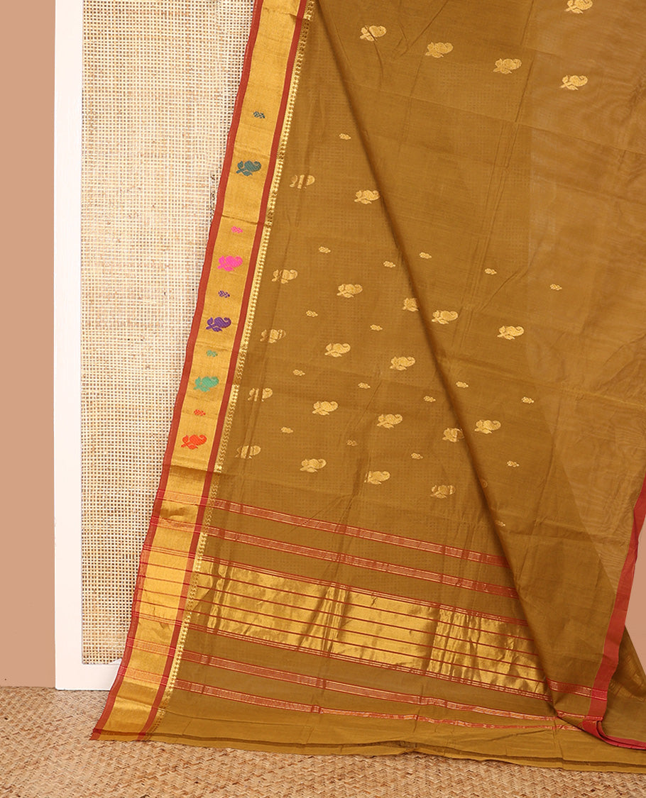 Mustard Venkatagiri Cotton Saree, Woven with Zari Buttas on Its Body, Complemented by a Contrast Thread Border of Paisley Designs, Zari Striped Pallu, and Comes Without a Blouse