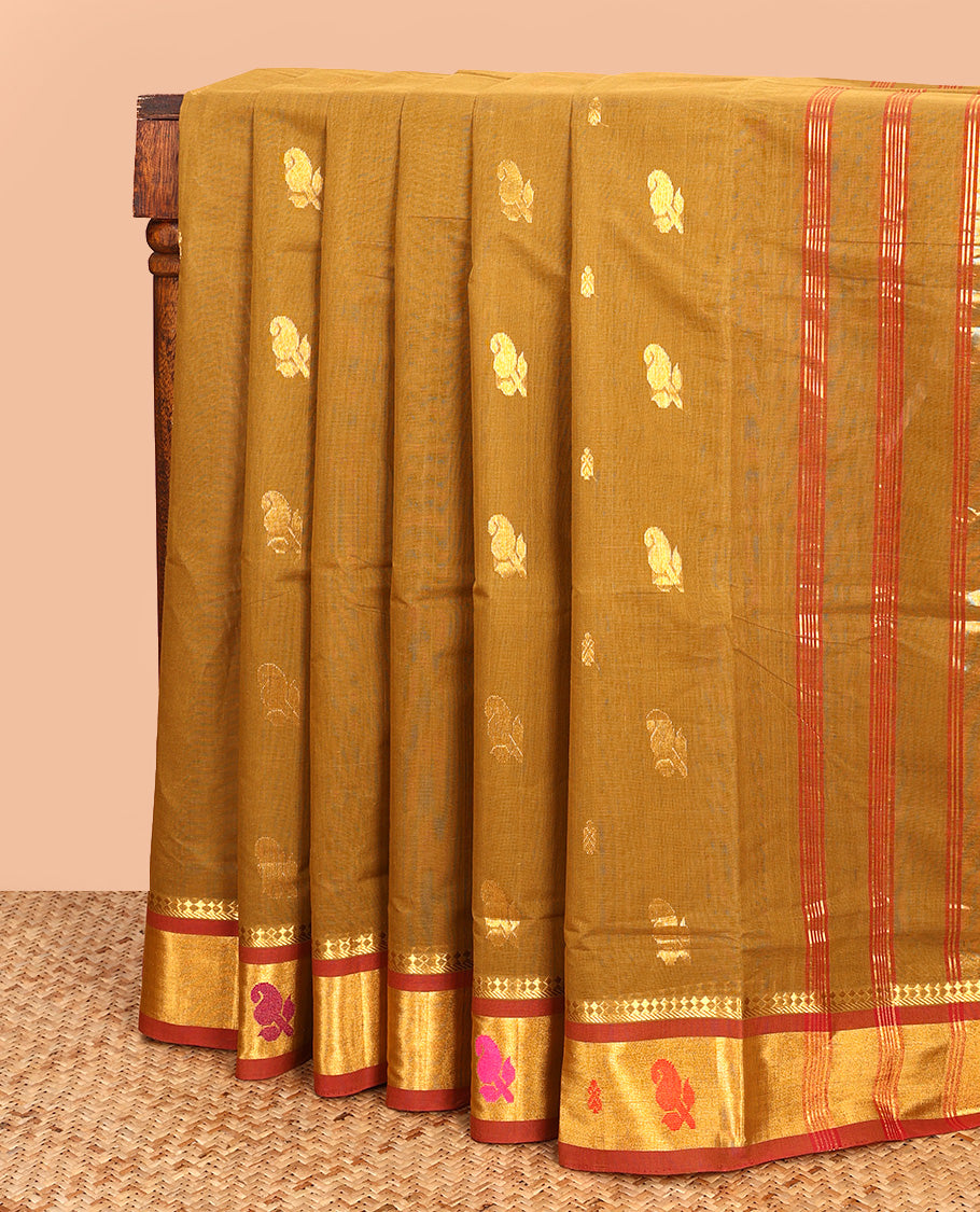 Mustard Venkatagiri Cotton Saree, Woven with Zari Buttas on Its Body, Complemented by a Contrast Thread Border of Paisley Designs, Zari Striped Pallu, and Comes Without a Blouse