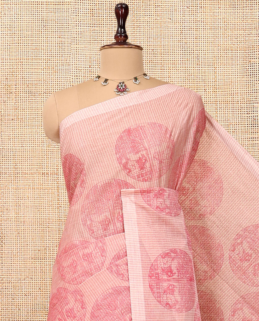 Pink Jute Cotton Saree, Sparsely Sparkled with Round Motifs and Stripes, Striped Pallu, and a Contrast Blouse