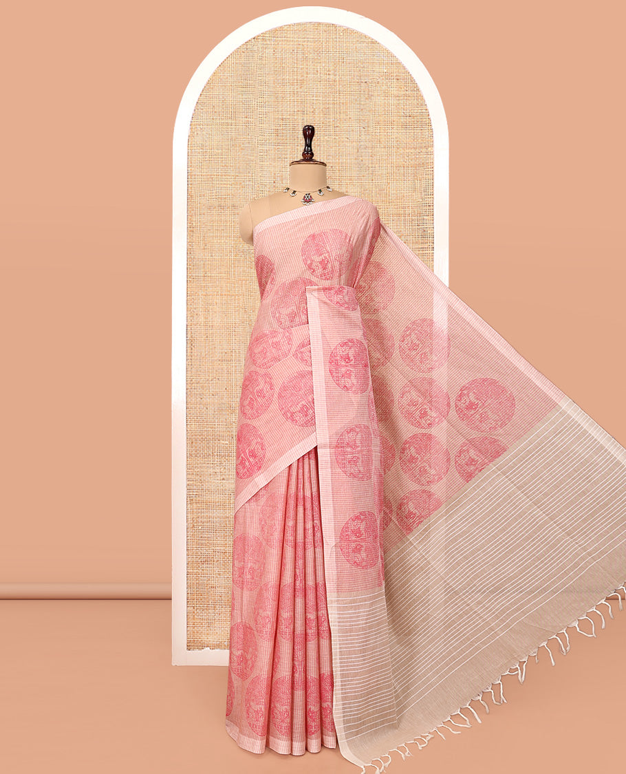Pink Jute Cotton Saree, Sparsely Sparkled with Round Motifs and Stripes, Striped Pallu, and a Contrast Blouse