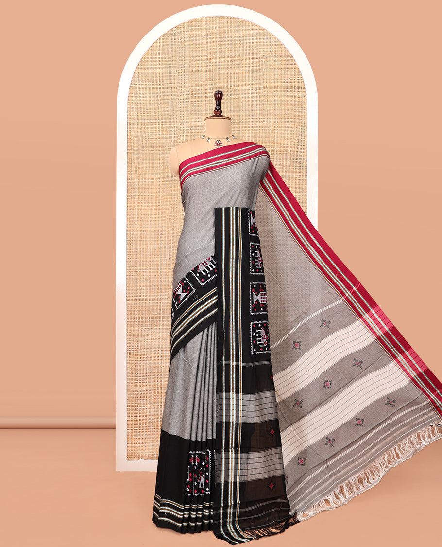 Grey Plain Narayanpet Cotton Saree, Complemented by a Contrast Ganga-Jamuna Thread Border, Pallu of Stripes and Buttas, and a Matching Blouse