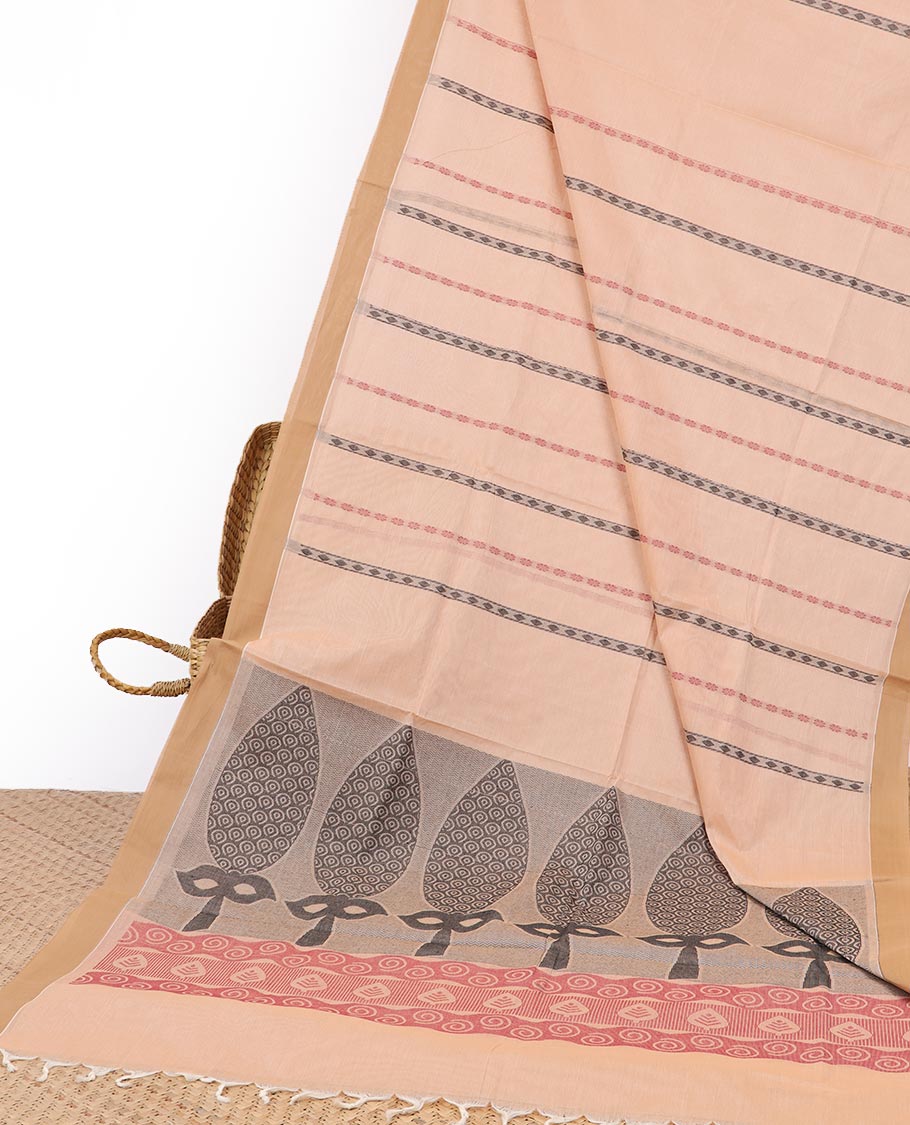 Sandal unique striped Coimbatore cotton saree, contrast border & floral & geometric themed pallu
