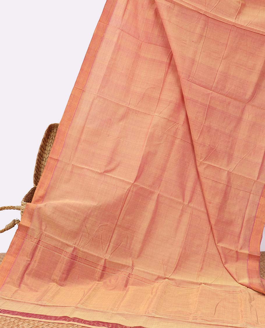 Orange mangalgiri cotton saree with self zari design border & striped zari design pallu