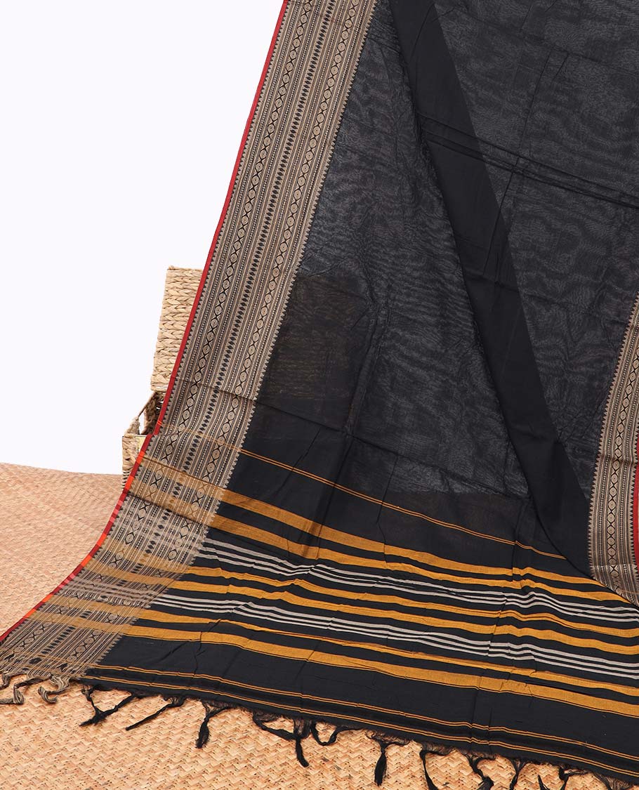 Blue narayanapet cotton saree with contrast zari design border & striped pallu