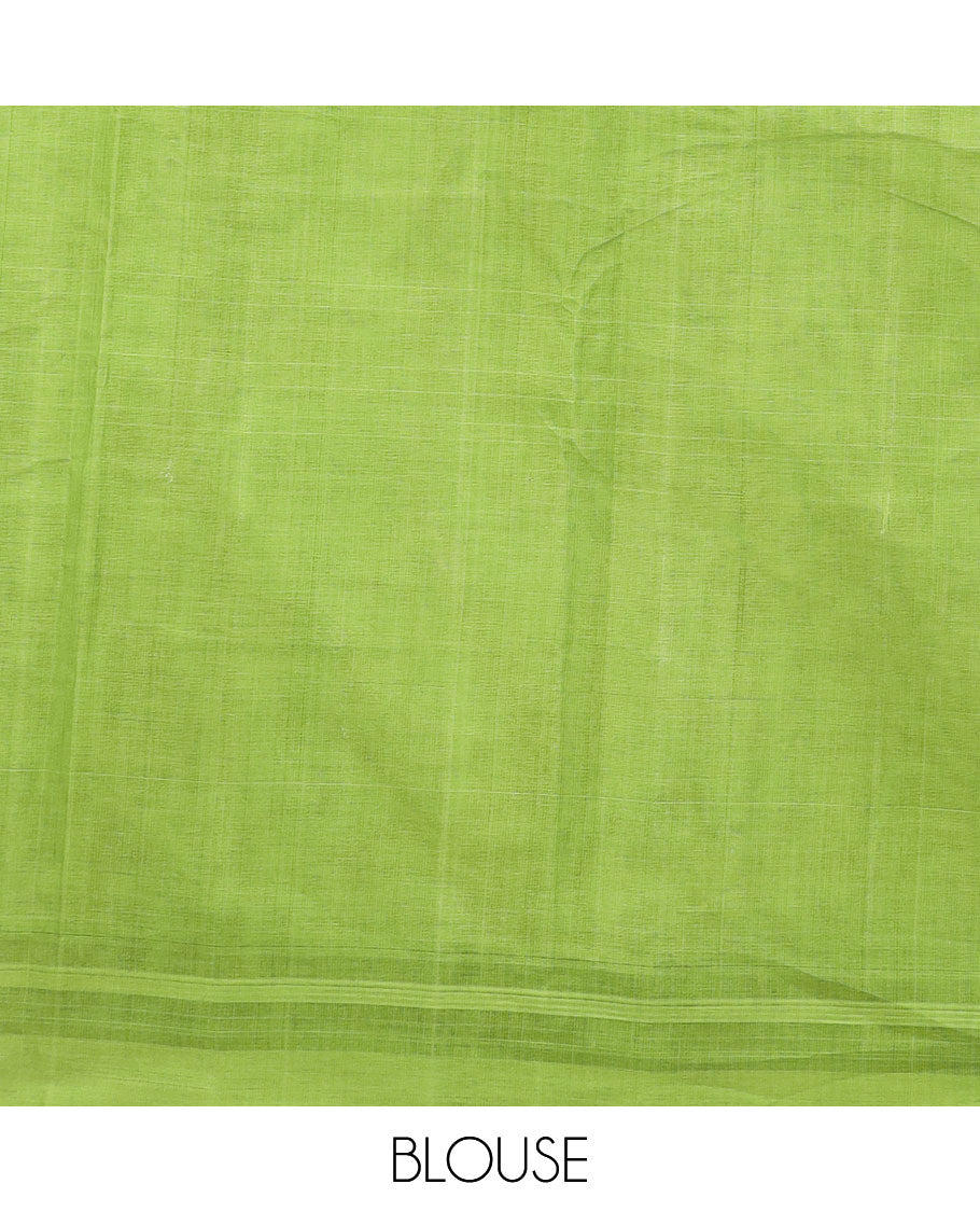Green chevron printed with buttas Kanchi cotton saree, plain border and striped pallu