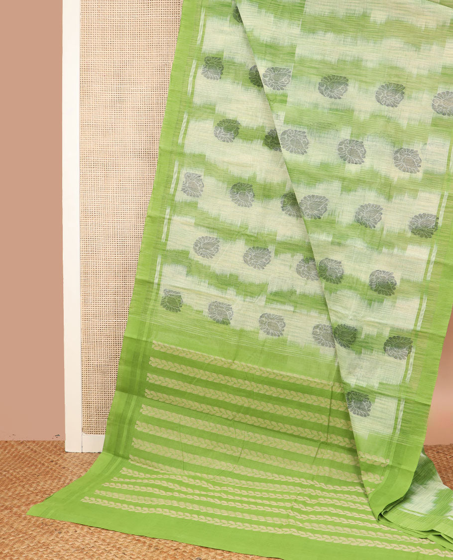 Green chevron printed with buttas Kanchi cotton saree, plain border and striped pallu