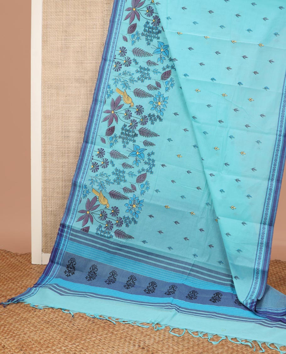 Blue tropical floral and bird printed Chirala cotton saree, contrast border, an pallu of stripes and buttas