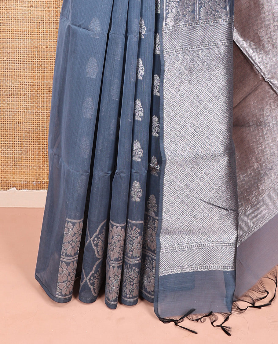 Navy Blue Semi-Silk Cotton Saree, Mesmerized with Zari Buttas All Over Its Body, a Subtle Border of Floral Designs, Grand Jaal Pallu, and Paired with a Matching Blouse